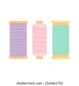 set with wooden spools of thread isolated on white background, equipment for sewing and tailoring, accessory for needlework, flat vector illustration