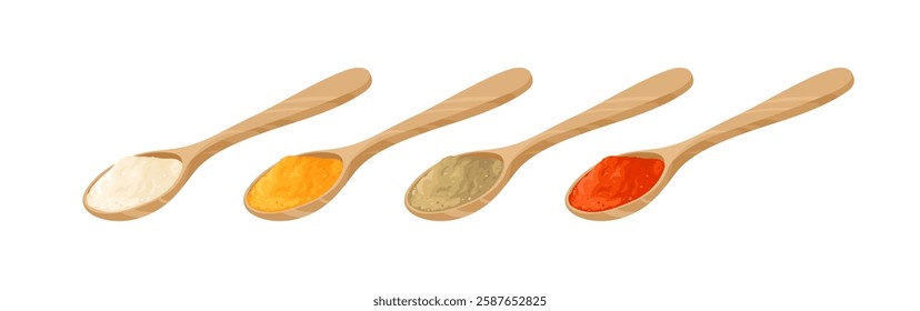 Set of wooden spoons with various powder spices. Vector cartoon flat illustration of curry, ginger, paprika and cumin ground.