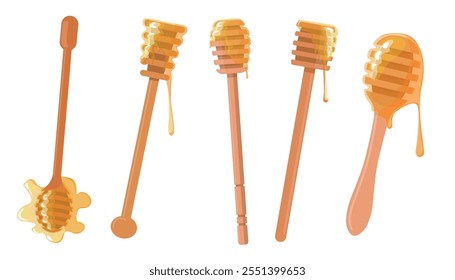 Set of wooden spoons-spindles for honey in cartoon style. Vector illustration of special spoons for scooping honey, different shapes with dripping drops isolated on white background. Tea party.