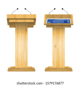 Set of Wooden Stage Stand or Debate Podium Rostrum with Microphones for Speaker Isolated on White Background. Abstract Concept Graphic Element for Business Presentation or Conference
