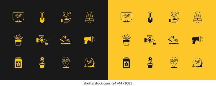 Set Wooden staircase, Flower in pot, Watering can, Location with leaf, tap, Leaf hand,  and Shovel icon. Vector
