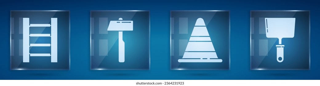 Set Wooden staircase, Hammer, Traffic cone and Putty knife. Square glass panels. Vector