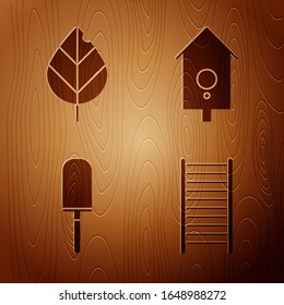 Set Wooden staircase, Leaf, Garden trowel spade or shovel and Retro wall watch on wooden background. Vector