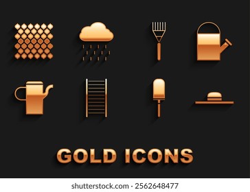 Set Wooden staircase, Watering can, Worker hat, Garden trowel spade shovel, rake, fence wooden and Cloud with rain icon. Vector