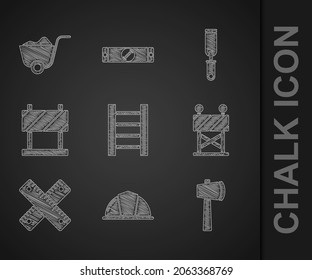 Set Wooden staircase, Worker safety helmet, axe, Road barrier, Crossed ruler, Rasp metal file and Shovel icon. Vector