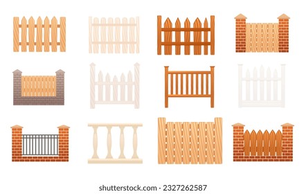 Satz aus Holz und Stein-Zick-Zäune, Vektorgrafik einzeln auf weißem Hintergrund