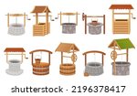 Set of wooden and stone well with rope roof and bucket vector illustration isolated on white background