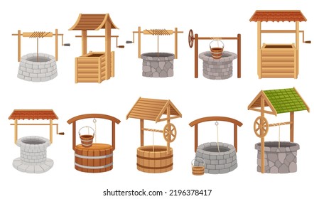 Set of wooden and stone well with rope roof and bucket vector illustration isolated on white background