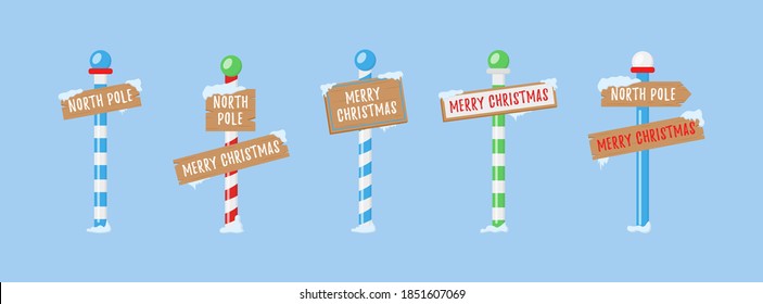 Set of wooden street signs in the snow, winter pointers in flat style. Cute collection of North Pole signs or Christmas. Winter holiday xmas symbol, cartoon banner. Vector illustration, eps 10.