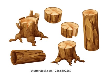 Set Wooden stump forest tree trunk with roots, log, cut section in cartoon style isolated. Plant detailed. 