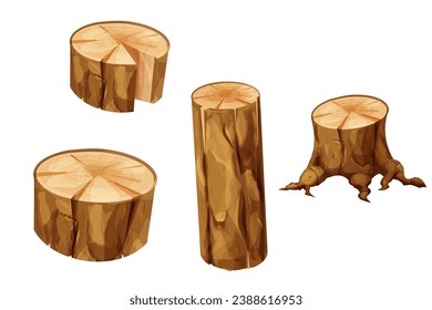 Set Wooden stump forest tree trunk with roots, log, cut section in cartoon style isolated. Plant detailed. 