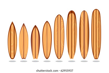 A set of wooden surfboards with different designs and sizes, in editable vector file.