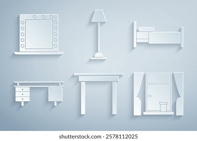 Set Wooden table, Bed, Office desk, Window with curtains, Floor lamp and Makeup mirror lights icon. Vector