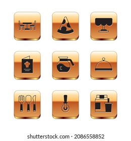 Set Wooden table with chair, Fork, spoon and knife, Pizza, Coffee pot, Cookbook, Online ordering delivery and Slice pizza icon. Vector