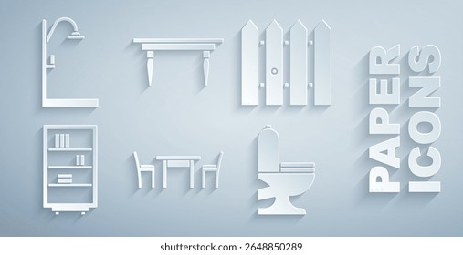 Set Wooden table with chair, Garden fence wooden, Library bookshelf, Toilet bowl,  and Shower icon. Vector