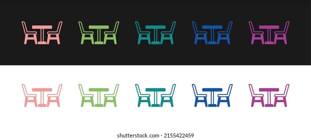 Set Wooden table with chair icon isolated on black and white background.  Vector