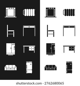 Set Wooden table, Chair, Makeup mirror with lights, Heating radiator, Shower cabin, Office desk, Refrigerator and Sofa icon. Vector
