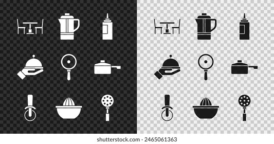 Set Wooden table with chair, Teapot, Sauce bottle, Pizza knife, Citrus fruit juicer, Spatula, Covered tray and Frying pan icon. Vector