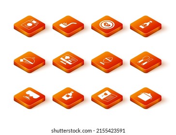 Set Wooden table, Champagne in an ice bucket, Covered with tray of food, Online ordering and delivery, Restaurant cafe menu, Ice cream bowl, Cooking pot and Knife spoon icon. Vector