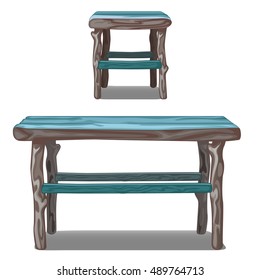 Set of wooden table and stool in turquoise isolated on a white background. Cartoon vector close-up illustration.
