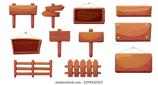 Set of wooden tablets, hanging textured panels rope, signboards with pointer, fence with nails in cartoon style isolated on white background. Rustic board, plank with place. Ui game assets