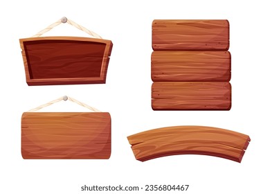 Set of wooden tablets, hanging textured panels rope, signboards with pointer, in cartoon style isolated on white background. Rustic board, plank with place. Ui game assets