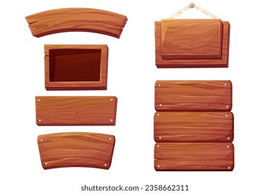 Set of wooden tablets, hanging textured panels rope, signboards with pointer, in cartoon style isolated on white background. Rustic board, plank with place. Ui game assets