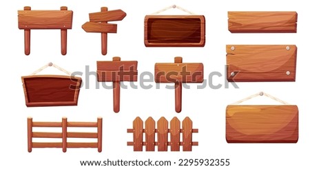 Set of wooden tablets, hanging textured panels rope, signboards with pointer, fence with nails in cartoon style isolated on white background. Rustic board, plank with place. Ui game assets Сток-фото © 