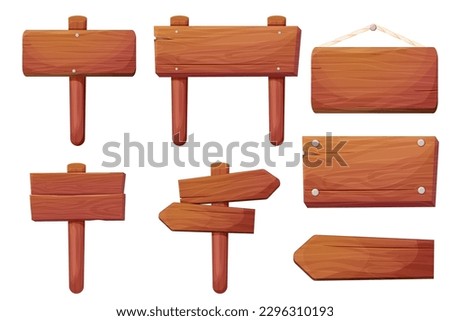 Set of wooden tablets, hanging textured panels rope, signboards with pointer nails in cartoon style isolated on white background. Rustic board, plank with place. Ui game assets