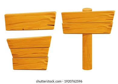 Conjunto de tabletas de madera, paneles texturados, carteles al estilo caricaturizado aislados en ilustración vectorial de fondo blanco. Cartel rústico, tabla con sitio. Activos de caza Ui, antecedentes rurales. 