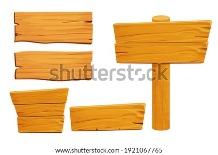 Set of wooden tablets, textured panels, signboard in cartoon style isolated on white background stock vector illustration. Rustic board, plank with place. Ui game assets, rural background.  Stock foto © 