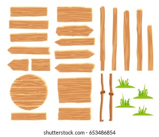 Set of wooden tablets. Vector icons on white background. Elements for design. Concept of location. Designer for creating wood road signs.