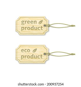 Set of wooden tags with green / eco product text. Vector illustration, easy  editable.