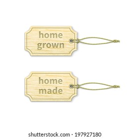 Set of wooden tags with home-m?de / home-grown text. Vector illustration, easy  editable.