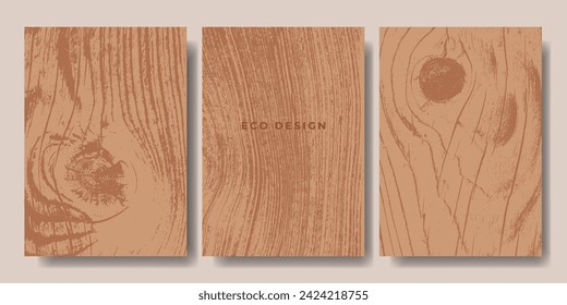 Set of wooden templates. Eco concept background with wood annual rings texture. Banner with tree ring pattern. Stamp of tree trunk in section. Natural wooden concentric circles. Natural background