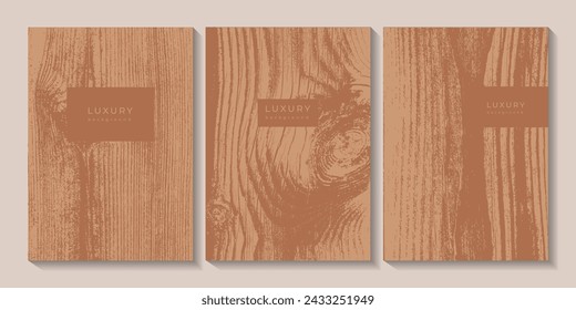 Set of wooden templates. Eco concept background with wood annual rings texture. Banner with tree ring pattern. Stamp of tree trunk in section. Natural wooden concentric circles. Natural background