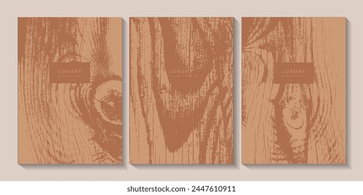 Juego de Plantillas de madera. Fondo de concepto ecológico con textura de anillos anuales de madera. Anuncio con diseño de anillo de árbol. Sello de tronco de árbol en la sección. Círculos concéntricos de madera natural. Fondo natural