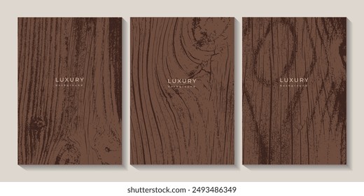 Set of wooden textures. Eco concept background with wood annual rings texture. Banner with dried planks pattern. Stamp of tree trunk in section. Templates with wooden concentric circles. Walnut wood