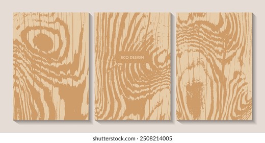 Set of wooden textures. Eco concept background with wood annual rings texture. Banner with tree ring pattern. Stamp of tree trunk in section. Natural wooden concentric circles. Natural background