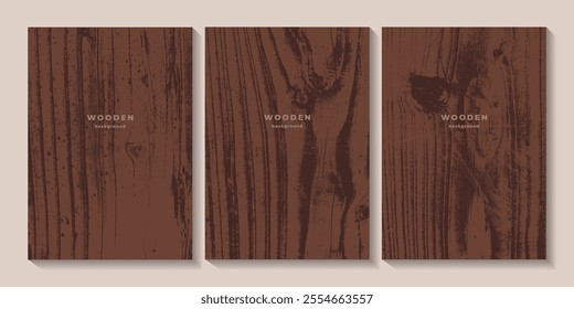 Set of wooden textures. Eco concept background with wood annual rings texture. Banner with tree ring pattern. Stamp of tree trunk in section. Templates with wooden concentric circles. Dark walnut wood