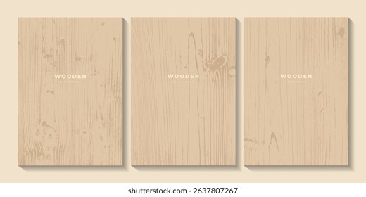 Set of wooden textures. Eco concept background with wood annual rings texture. Minimal vertical banner, business card with tree pattern. Templates with light wooden boards