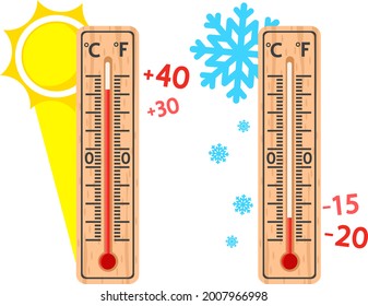 Set of wooden thermometers low and high temperature with sun and snowflakes on white background