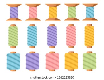 Un juego de hilos de madera. Equipamiento para coser y sastrería. Accesorio para el trabajo de agujas. Ilustración vectorial plana aislada en fondo blanco.