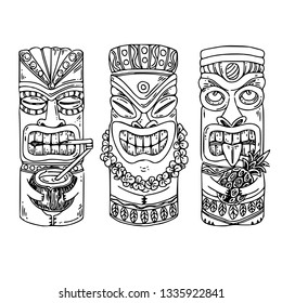 Set of wooden tiki idols. Sketch. Engraving style. Vector illustration.