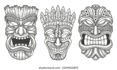 Set of wooden tiki. Vector vintage illustration in engraving style