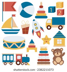 Set wooden toys for child. Cute simple baby toys. Teddy bear, boat, drum, car, locomotive, construction set, ball and others. Collection kid items for games, music and sports, vector illustration