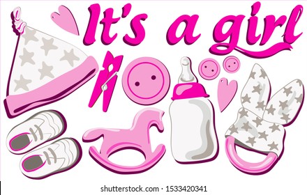 
Set Children’s wooden toys, clothes, boots, rattles, a bottle, a rocking chair, bunny ears.
 It's a girl - lettering. Newborn Baby bottle with milk