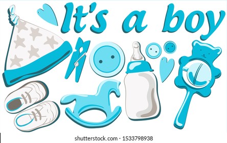 Set Children’s wooden toys, clothes, boots, rattles, a bottle, a rocking chair, bunny ears.
 It's a boy - lettering. Newborn Baby bottle with milk