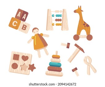 Set of Wooden Toys Cube Blocks, Doll, Soroban and Wheeled Giraffe, Sorter, Pyramid and Carpentry Instruments Hammer, Nail and Pliers. Kids Education and Recreation Items. Cartoon Vector Illustration