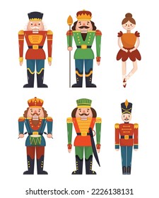 Set of Wooden Toys Nutcracker, Ballerina, Soldiers in Military Uniform, Nut Crackers with Big Toothy Mouth. Vintage Decorative Toys Isolated on White Background. Cartoon Vector Illustration